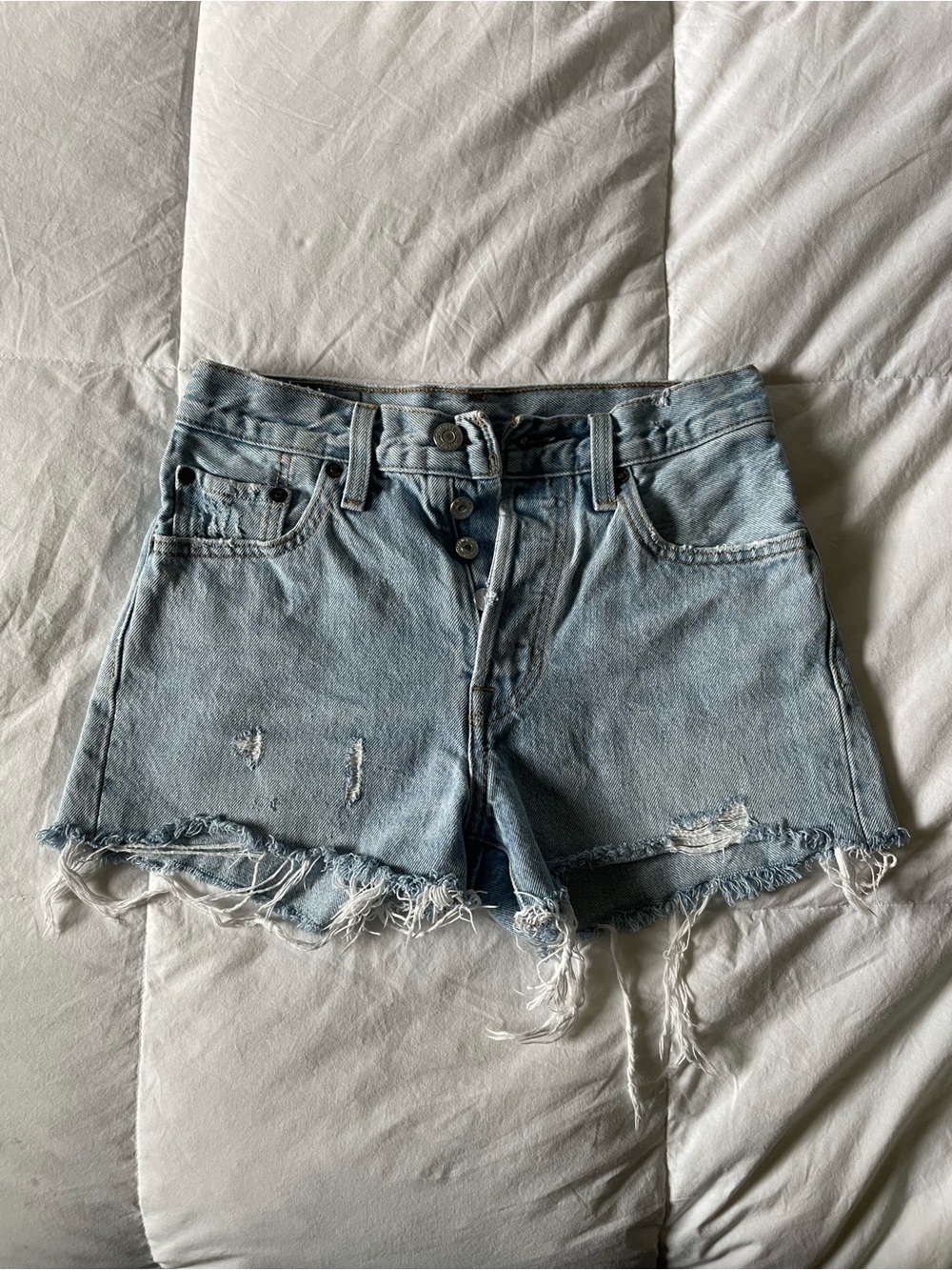 Levi's Light Blue Distressed High-Rise Denim Shorts